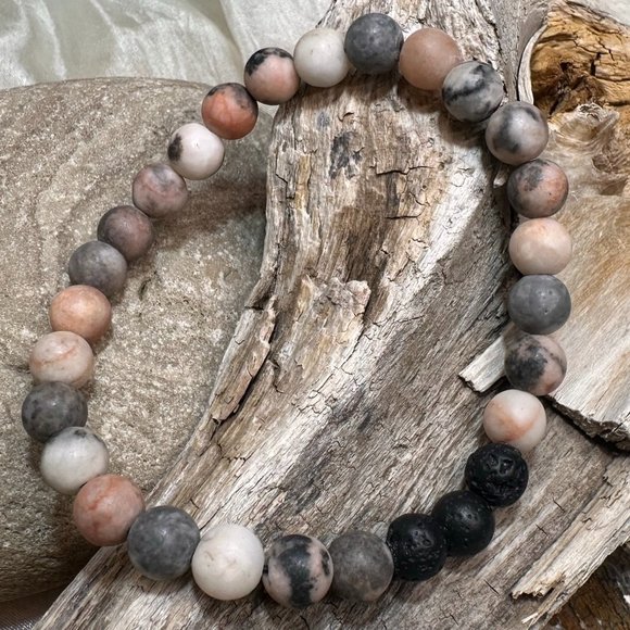 White Jade, Matte Hematite and Pink Jasper Genuine Gemstone Stretch Bracelets - Picture 2 of 4